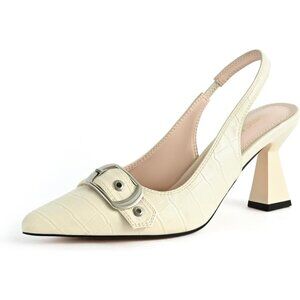 White Synthetic Women Kitten Heels Pointed Toe Pumps Dress Shoes with Buckle